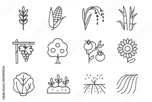 Agriculture icons set featuring crops and plants in outline style