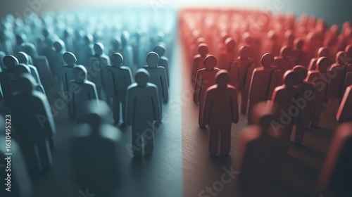 Two groups of stylized human figures, one blue and one red, stand facing each other, symbolizing division, opposition, or comparison