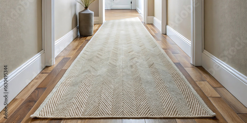A modern rug runner in a hallway, showcasing interior design and home decor, with a neutral color palette and woven texture, creating a comfortable and stylish space