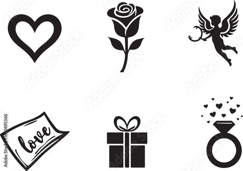 Romantic icons hearts rose cupid gift ring love symbol collection