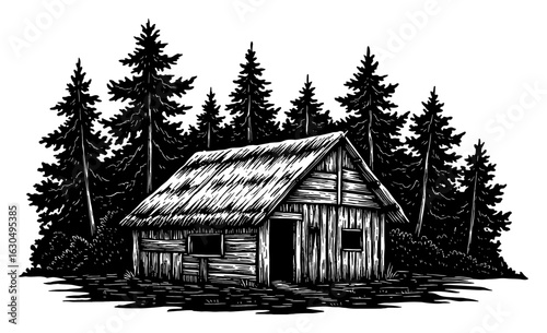 Rustic Wooden Hut Cabin in a Dense Forest Trees Wilderness Black and White Outline Line Art Drawing