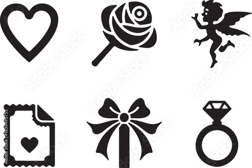 Elegant romantic icons hearts rose cupid bow ring love celebration