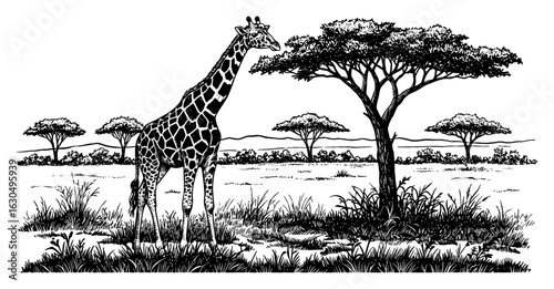 Graceful Giraffe Standing in a Vast African Savannah Landscape Black and White Outline Line Art Drawing