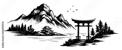 Japanese Chinese Oriental Style Mountain Nature Landscape View with Pagoda Torii Birds Black and White Outline Line Art Drawing