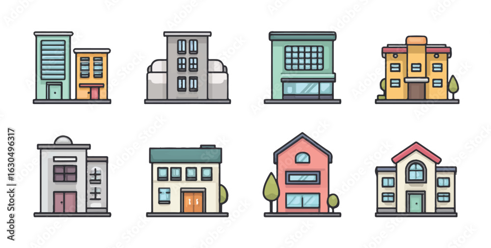 Diverse collection of illustrated building icons representing various architectural styles and urban development concepts showcasing line art and colorful design Diverse collection of illustrated building icons representing various architectural styles and urban development concepts showcasing line art and colorful design