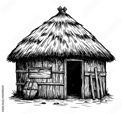 Rustic Thatched Roof Hut Dwelling Black and White Outline Line Art Drawing Vintage Engraving Style Isolated Object