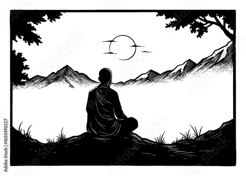Monk Meditating in Mountain Silhouette Black and White Outline Line Art Drawing Peaceful Scene