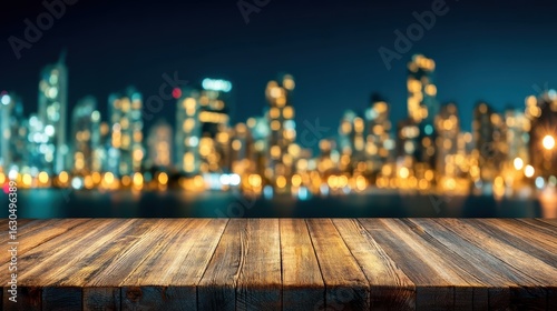 Wallpaper Mural Wooden table in the foreground with a blurred city skyline illuminated by lights at night Torontodigital.ca