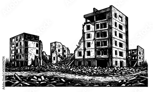 Empty Destroyed Modern City Ruins After War with Collapsed Buildings and Rubble Black and White Outline Line Art Drawing