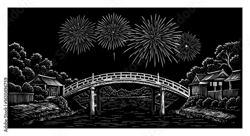 Spectacular Fireworks Exploding Above Traditional Japanese Arch Bridge and Village Black and White Outline Line Art Drawing