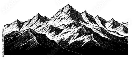 Majestic Mountain Peaks Panorama Landscape Black and White Outline Line Art Drawing Hand Drawn Vector Illustration