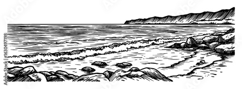 Panoramic Sea View with Waves and Rocky Shoreline and Distant Mountain Black and White Outline Line Art Drawing