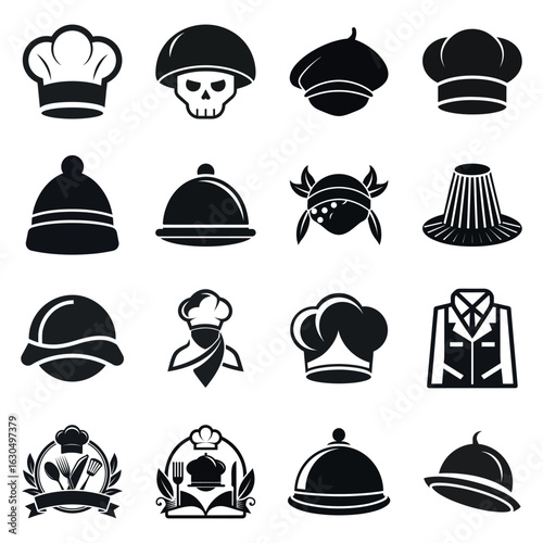 Collection of diverse headwear and chef hats icons