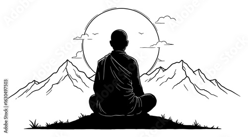 Monk Meditating in Serene Mountain Silhouette Back View Black and White Outline Line Art Drawing