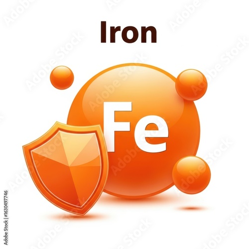 Iron element symbol fe with shield and spheres, health concept