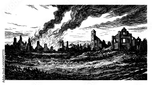 Burning empty city ruin dramatic landscape with smoke and destroyed buildings Black and White Outline Line Art Drawing