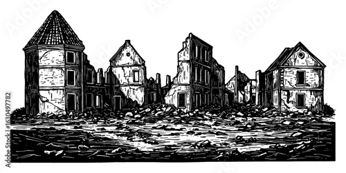 Empty Destroyed City Ruins After War Black and White Outline Line Art Drawing Vector Illustration