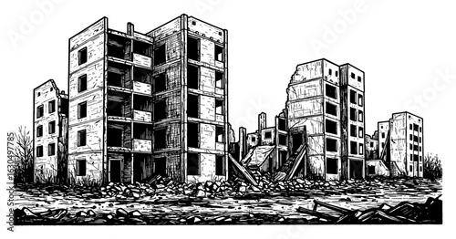 Empty Destroyed Modern City Ruins After War Black and White Outline Line Art Drawing Vector Illustration