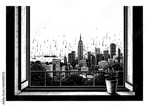 A View from Window with Raining City Landscape Black and White Outline Line Art Drawing