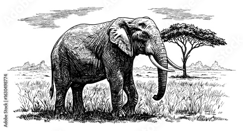 Large African Elephant Walking in a Savannah Landscape Detailed Black and White Outline Line Art Drawing