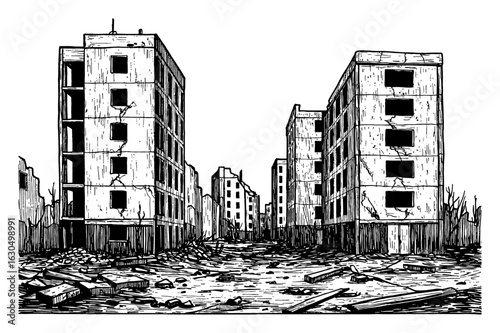 Empty Destroyed Modern City Ruins After War Street View Abandoned Buildings Black and White Outline Line Art Drawing