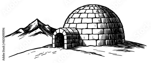 Igloo Eskimo House in Snowy Mountain Landscape Black and White Outline Line Art Drawing Vintage Style