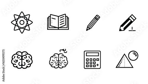 Education and learning icon set featuring science book and brain symbols ideal for educational websites and materials