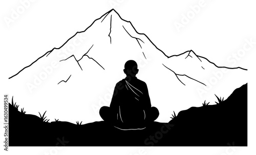 Monk Meditating in Mountain Silhouette Peaceful Black and White Outline Line Art Drawing Back View