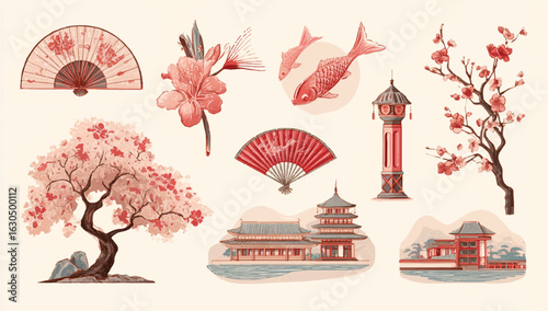 Elegant Japanese cultural elements including cherry blossoms fans pagodas and koi fish creating a serene oriental composition for design projects