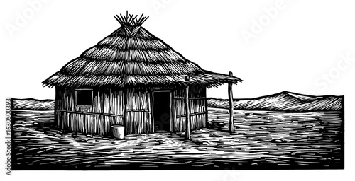 Rustic Hut in a Vast Desert Landscape Black and White Outline Line Art Drawing Traditional Adobe Building