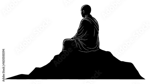 Monk Meditating in Mountain Silhouette Black and White Outline Line Art Drawing Back View Spiritual Calmness