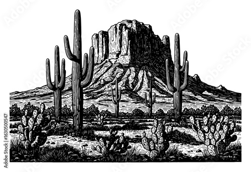 Arizona Desert Landscape with Saguaro Cactus and Mountain Black and White Outline Line Art Drawing