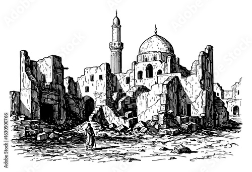 Empty Destroyed Arabian City Ruins After War with Mosque and Minaret Black and White Outline Line Art Drawing