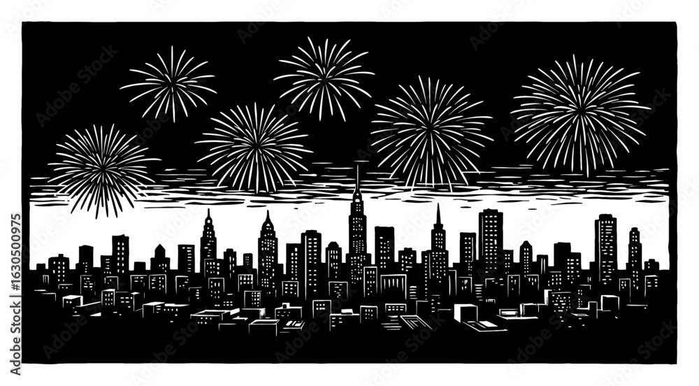 Obraz premium Fireworks Above City Lines Night Sky Display Urban Skyline Celebration Black and White Outline Line Art Drawing