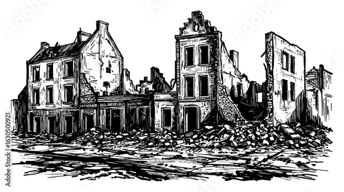 Empty Destroyed City Ruins After War with Devastated Buildings and Rubble Black and White Outline Line Art Drawing