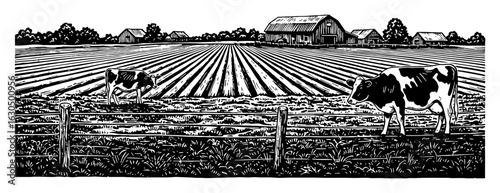 Farm Field Panorama with Cows and Barns Simple Style Black and White Outline Line Art Drawing