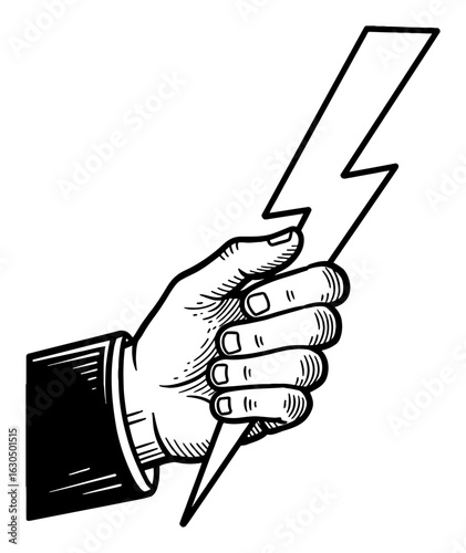 A Strong Hand Holding a Powerful Lightning Bolt Black and White Outline Line Art Drawing Etching Style