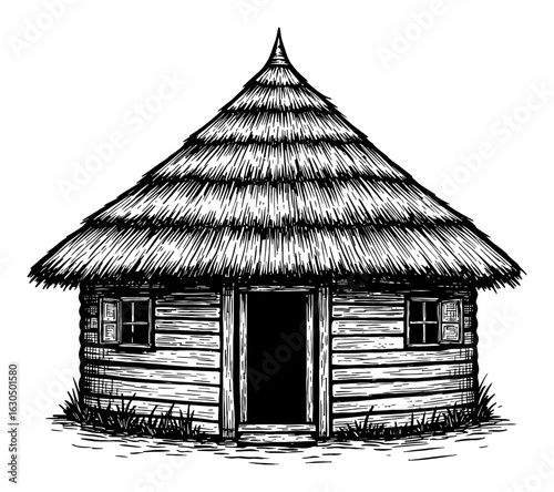 Traditional Round Hut with Thatched Roof Front View Black and White Outline Line Art Drawing