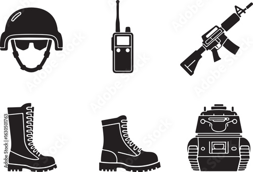 Military gear icons: helmet, rifle, radio, boots, tank