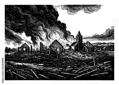 Dramatic Black and White Outline Line Art Drawing of a Burning Empty Village Ruin Landscape