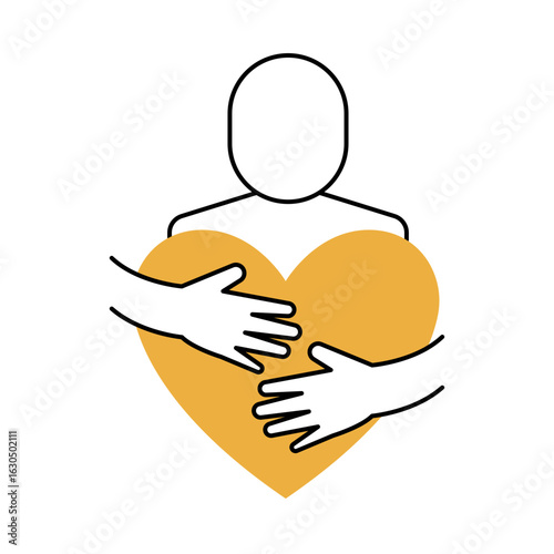 Self Care Line Icon with Person Holding Heart.