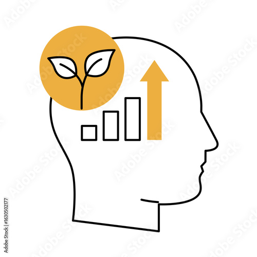 Growth Mindset Line Icon with Brain and Arrows.