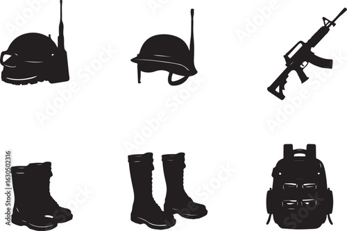 Tactical gear silhouettes: helmet, rifle, boots, backpack
