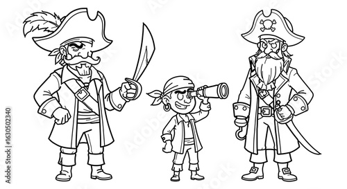 Pirate crew coloring page for kids and adults featuring captain with sword and boy with telescope illustration