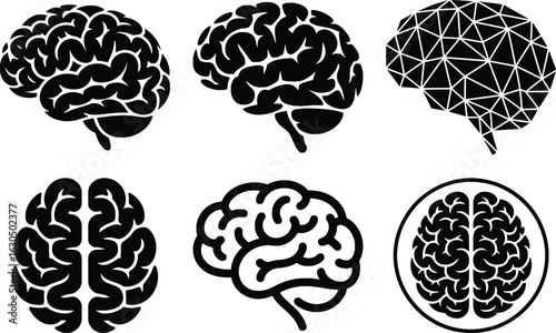 Brain silhouette vector set, collection of various human brain shapes, black vector illustration for science and medical design