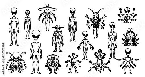 Alien species illustration collection of extraterrestrial beings in black and white for sci fi designs