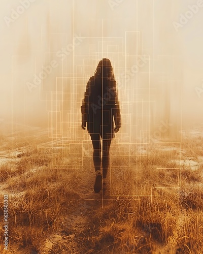 A woman walks through a field surrounded by abstract geometric shapes