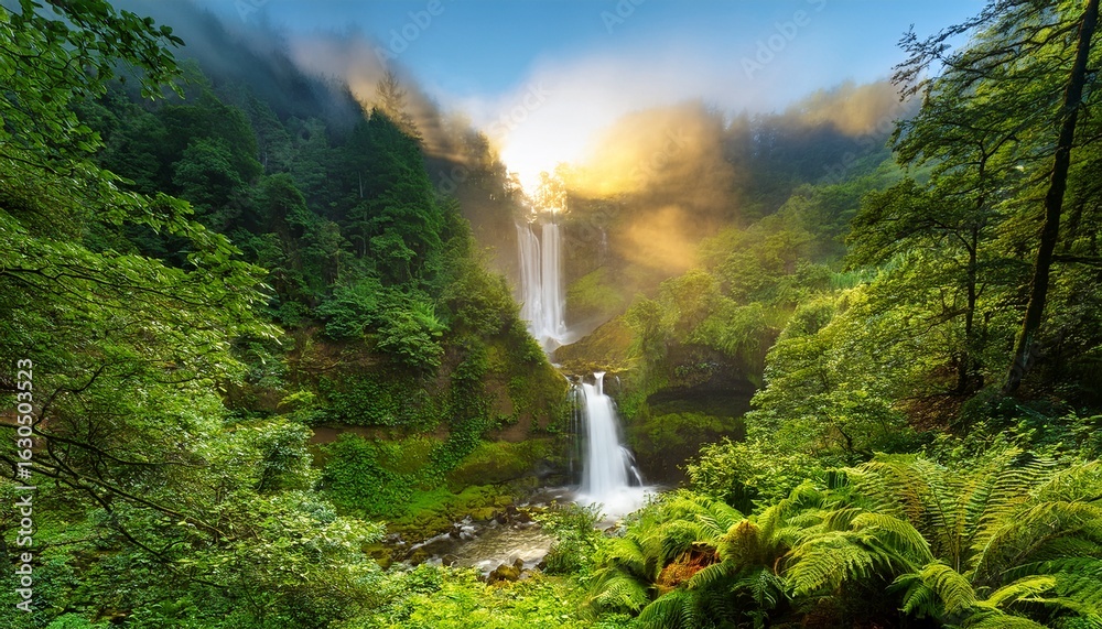 Fototapeta premium majestic forest landscape with cascading waterfalls and lush greenery during misty morning hours