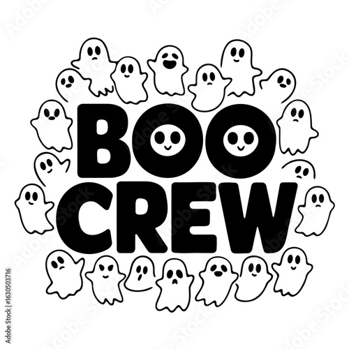 Black and white boo crew text surrounded by cartoon ghosts with various expressions for halloween fun