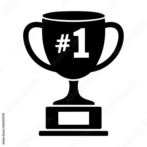 A black and white trophy with the number one on it signifying a win or first place achievement award